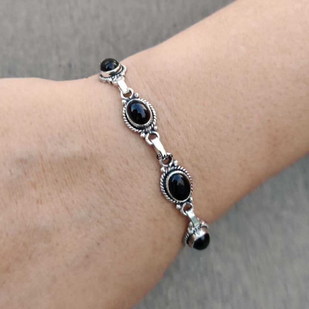 Men'S Gothic Formal Wear - Pulseras Ajustables de Plata con Ónix